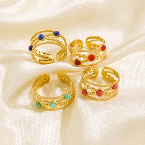 Bague Ouverte Réglable Acier Inoxydable Pierre Naturelle Lapis Lazuli Bohème Vague Superposée Bijoux Pour Femmes