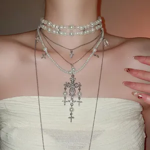 Multi-layer Faux Artificial Pearl Necklace With Rhinestone Cross Pendant Gothic Retro Elegant Jewelry For Women