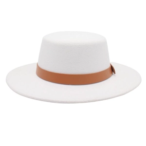 Detail of white felt boater hat featuring a minimalist brown leather band and flat brim