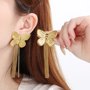 Elegant 18k gold-plated butterfly tassel earrings for women in stainless steel