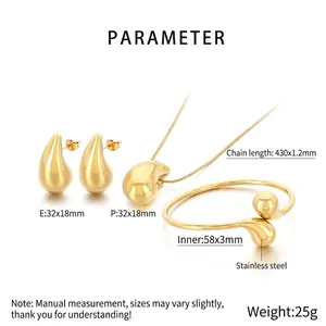 Detailed view of the golden stainless steel waterdrop necklace and earring jewelry set