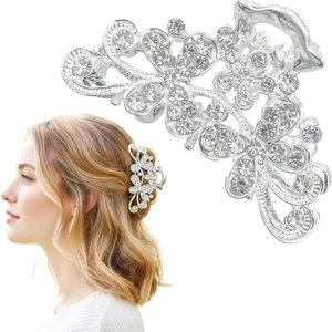 6cm Silver Alloy Flower Hair Claw Clip with Sparkling Rhinestones for Women and Girls