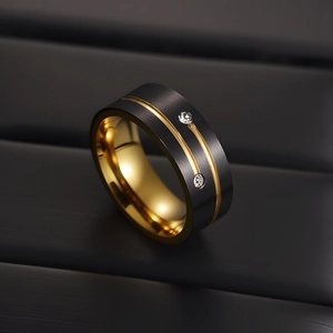 8MM two-tone black and gold titanium steel ring with sparkling zircon inlay for men