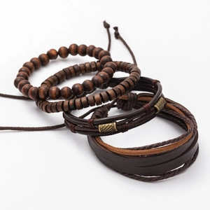 Multi-layer men's bracelet set with dark brown wood beads and braided leather bands
