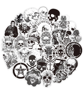 Collection of black and white gothic skull stickers made of waterproof vinyl material