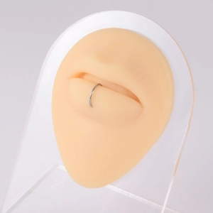 Macro shot of a silver titanium curved bar fake lip ring on a silicone lip model display