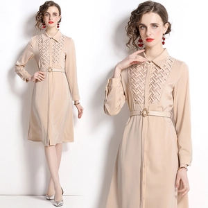 Elegant Apricot Long Sleeve Shirt Midi Dress With Braided Detail And Belt Lapel Collar Button Down Office Wear For Women