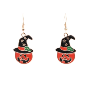 Halloween pumpkin earrings with black wizard hat and gold stars on white background