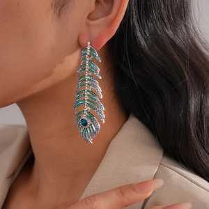Boucles D'oreilles Pendantes Plume De Paon Pour Femmes Alliage Strass Vintage Bijoux Avec Tige En Argent