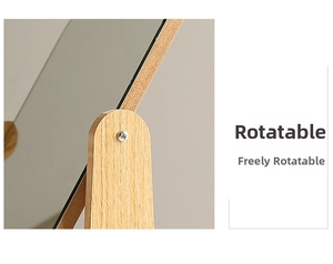 Detail of a square wooden desktop makeup mirror showing the rotatable swivel mechanism
