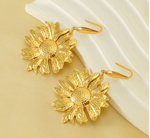 Detailed view of sunflower stud earrings with hammered gold texture and floral petals