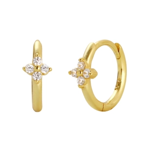 S925 sterling silver gold clover hoop earrings with white zircon stones for women