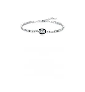 Detail of S925 silver tennis bracelet featuring black oval enamel and adjustable chain