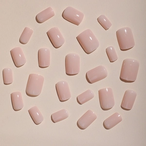 Short square round glossy nude pink press-on nails set with 24 pieces for women