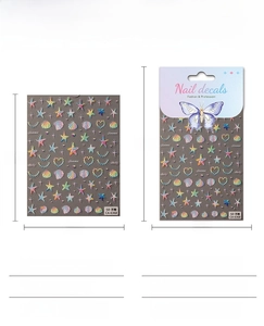 Detail showing 5D embossed nail stickers dimensions and product information sheet