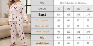 Detailed size chart for plus size waffle pajamas with heart print from XL to 4XL
