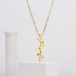 Gold moon bear pendant necklace with LOVE engraving and colorful zircon stones