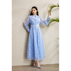 Robe brodée style cour bleu clair avec col en V, manches lampion et ourlet large plissé
