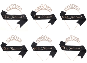 Rose gold crystal tiara and black sash set for birthday ages 21 to 70 party decorations