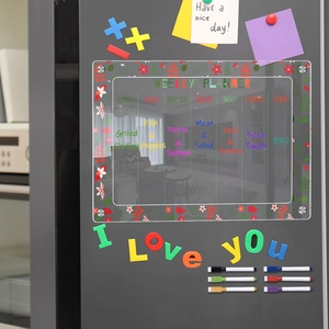Detail of acrylic magnetic weekly planner with floral pattern on a dark grey refrigerator