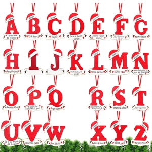Set of 26 red personalized Christmas letter ornaments with Santa hats and hanging strings