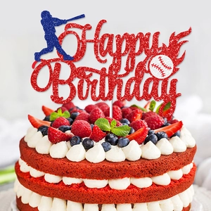 Baseball themed Happy Birthday cake topper with red glitter finish and sports silhouettes