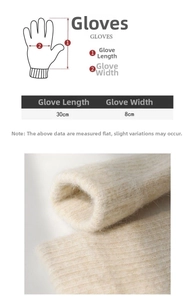 Detailed size chart for pink rabbit fur gloves showing 30cm length and 8cm width