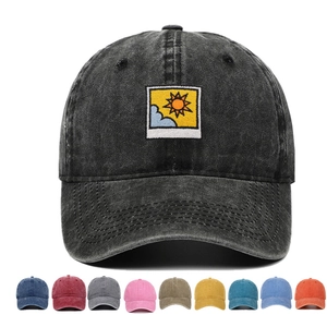 Washed denim baseball cap featuring embroidery patch in multiple colors for men and women