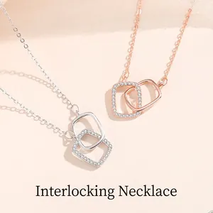 S925 Sterling Silver Interlocking Square Pendant Necklace For Women Zirconia Inlaid Geometric Double Ring Light Luxury Jewelry