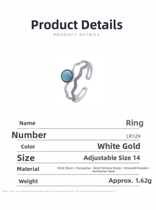 Detail view of S925 sterling silver wavy open ring with turquoise bead and stones