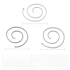 Size chart for stainless steel hip hop necklaces showing length, width, and weight specs