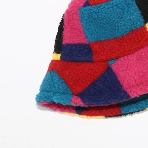 Colorful patchwork lamb wool bucket hat for women with warm fleece texture and geometric design