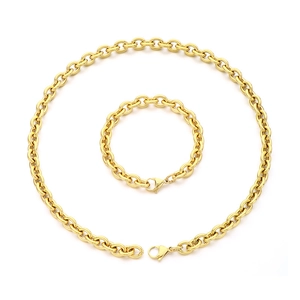 Ensemble collier et bracelet en acier inoxydable doré avec un design de maille forçat