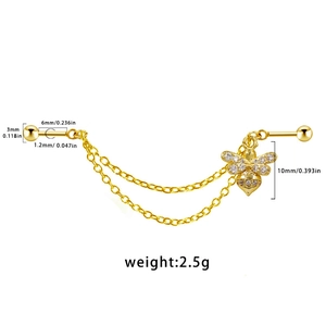 Gold industrial barbell earring with a bee pendant and chain detail including dimensions