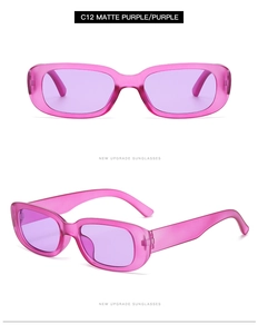 Front and side view of matte purple rectangular cat-eye sunglasses with purple lenses