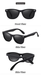 Matte black children's polarized sunglasses showing front, side, and folded views