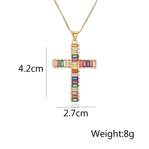 Detail view of rainbow zircon cross pendant necklace with 4.2cm height and 8g weight