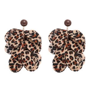 Leopard print fabric petal drop earrings with dark brown resin studs for women