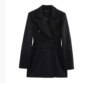 Women's black double-breasted satin blazer with peak lapels and padded shoulders