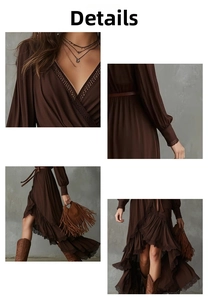 Detailed close-up of V-neck lace patchwork and layered ruffles on a bohemian brown dress