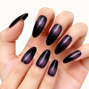 Purple Cat Eye Press On Nails Almond Shape Long Gradient False Nails Manicure For Women Elegant Starry Pattern