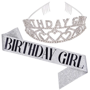Set corona da regina di compleanno argento e fascia glitterata con dettagli strass