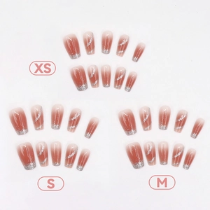 Press-on nails in reddish-brown gradient with silver glitter stripes in sizes XS S M