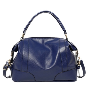 Dark blue litchi pattern leather handbag with gold hardware and detachable strap