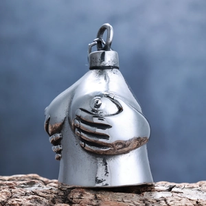 Detailed relief of female torso on vintage motorcycle rider bell pendant in stainless steel