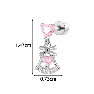 Pink heart zircon earrings with bow pendant, dimensions 1.47cm by 0.73cm in silver