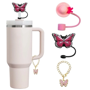 Pink butterfly straw cover set for cups with gold chain butterfly charm accessories