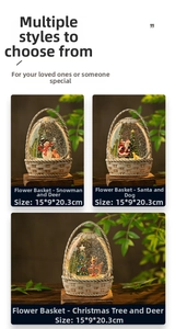 Detailed view of 15x9x20.3cm floral basket snow globe with festive interior scenes