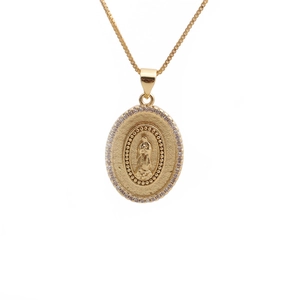 Gold oval pendant necklace with micro-pave cubic zirconia and religious relief