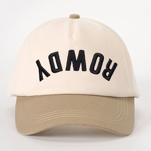 Retro two-tone embroidered ROWDY baseball cap with beige canvas and khaki brim